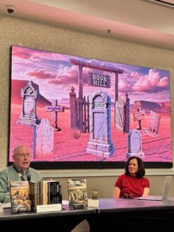 Preston Lewis with Amy Kelly, publisher of Lone Star Literary Life, during WRMA presentation on Independent Publishing - Photo courtesy of Philip Kelly